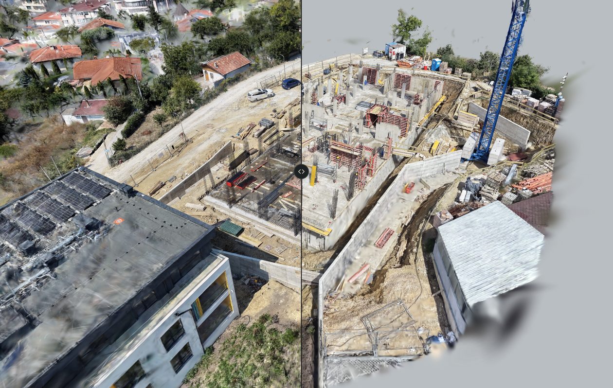 3D модел на строителна площадка, разделен на два етапа от вертикален плъзгач